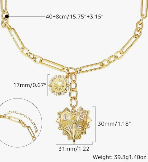 Gold Heart Love Necklace with sun pendant, pave heart charm on chunky paperclip chain.