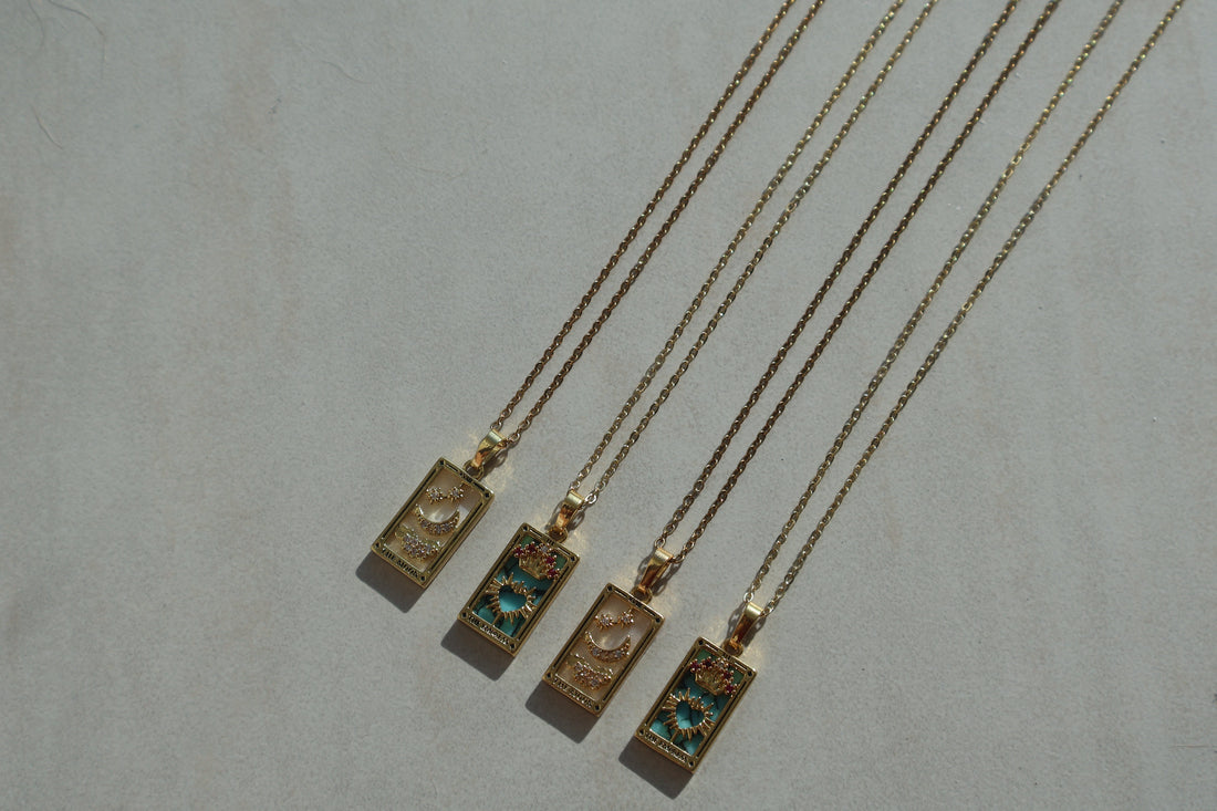 Taro Card Necklace with Moon and Empress designs, elegant square pendant with cubic zirconia, vintage-inspired accessory.