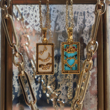 Taro Card Necklace with Moon and Empress designs, elegant square pendant with cubic zirconia, vintage-inspired accessory.