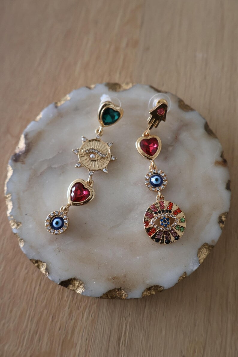 Elegant Evil Eye Earrings with Heart and Gold Drop Design, 24ct Gold Plated, Colorful Glass Beads.