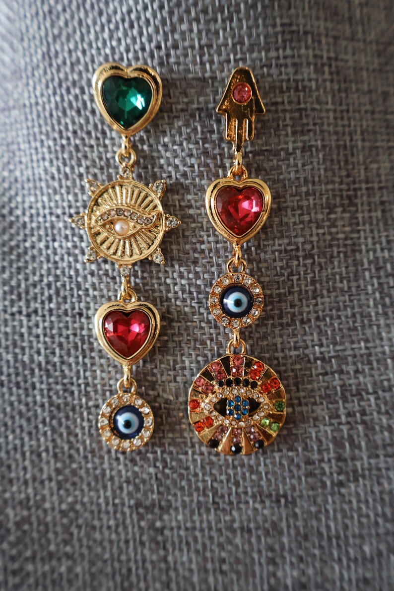 Elegant Evil Eye Earrings with Heart and Gold Drop Design, 24ct Gold Plated, Colorful Glass Beads.